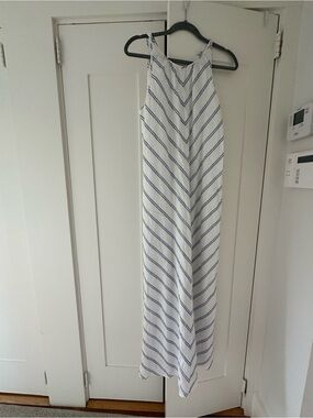 J. Crew White Maxi Dress with Blue Diagonal Stripes